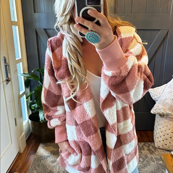 New Cozy Oversized Teddy Hooded Pink Plaid Cardigan Sweater Coat Western  Boho - Picture 3 of 9